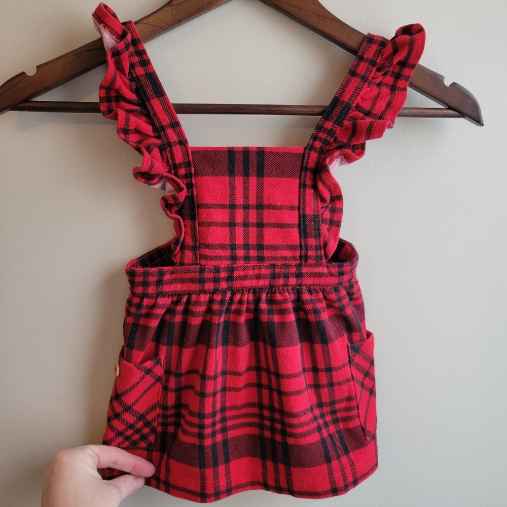 Baby Girls Red Buffalo Plaid Cabincore Overall Dress Ruffle Straps, 18M